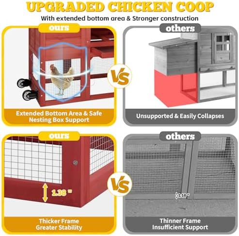 Portable Chicken Coop with Wheels Poultry Cage, Wooden Chicken Coop for 4-6 Chickens, Nesting Box, Pull-Out Tray, Ventilated Windows, Asphalt Weatherproof Roof, 81.5" Lx25.6 Wx44.1 H, Red - Image 6