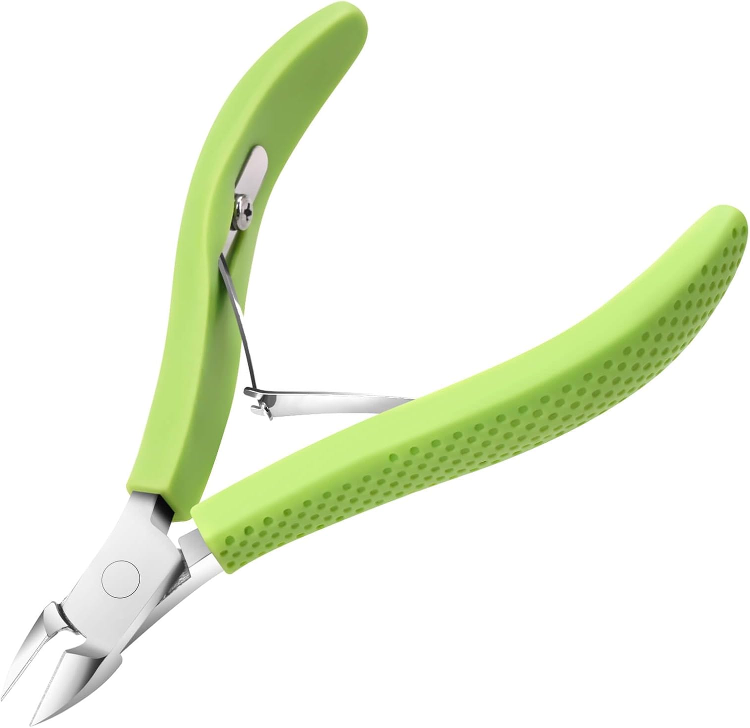 TEAORB professional nail cuticle trimmer front view showing green non slip silicone handle and sharp stainless steel nipper blades.