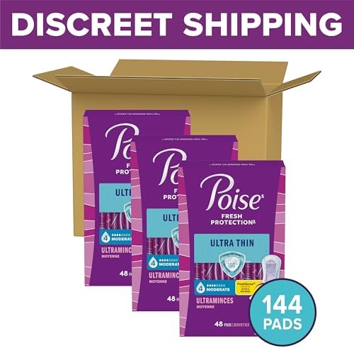 Side view of Poise postpartum bladder leak box detailing the 144 count quantity.