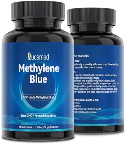YEMFGQOE Lucemed Methylene Blue dietary supplement bottle beside loose capsules