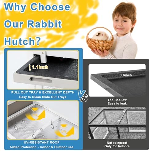 Ketive 48" L Rabbit Hutch Outdoor Indoor Bunny Hutch Weatherproof, 2-Story Wood Rabbit Cage with Deep Tray, Chew-Resistant Ramp, UV Roof, Bunny House for Small Animal, Expandable Guinea Pig Cage - Image 4