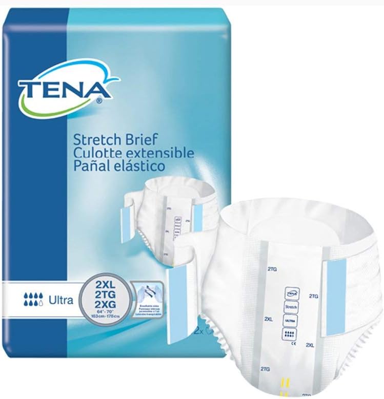 TENA ProSkin Stretch Ultra Incontinence Brief 2X-Large front view showcasing the white cloth-like backing and stretchable side panels.
