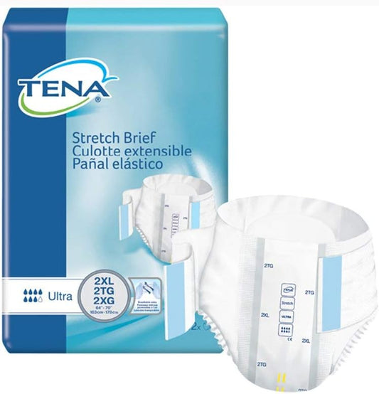 TENA ProSkin Stretch Ultra Incontinence Brief 2X-Large front view showcasing the white cloth-like backing and stretchable side panels.