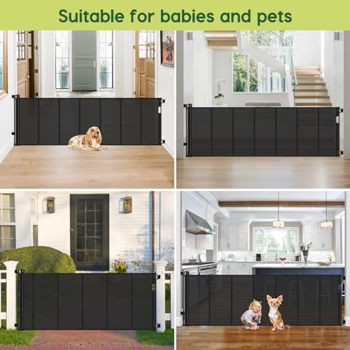 HEELALBABY outdoor retractable pet gate installed on a wooden porch deck opening