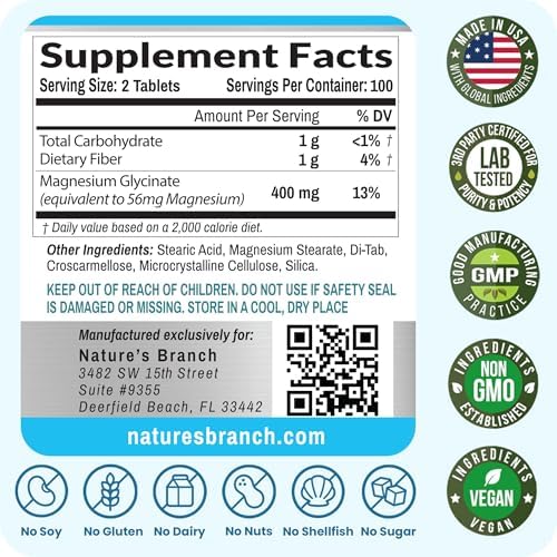 Nature's Branch Magnesium Glycinate 400mg tablets commercial product display