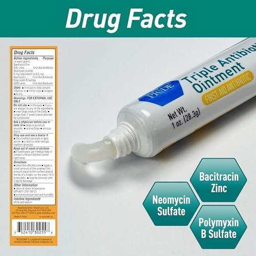Close up shot of Med Pride topical first aid ointment tube highlighting bacitracin zinc and neomycin composition