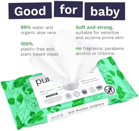 Detailed shot of the hypoallergenic plant based logo printed on the Pura sensitive baby wipes packaging.