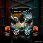Top down view of dinosaur themed Beyblade X tops