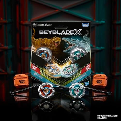 Top down view of dinosaur themed Beyblade X tops