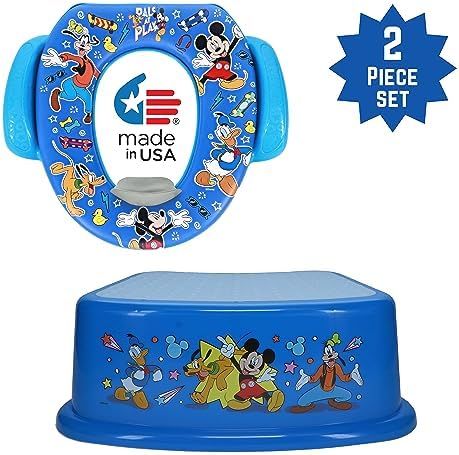 Disney toddler toilet seat attachment with soft cushion and colorful Mickey Mouse graphics