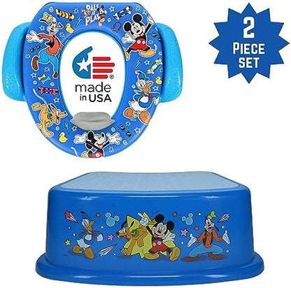 Disney toddler toilet seat attachment with soft cushion and colorful Mickey Mouse graphics