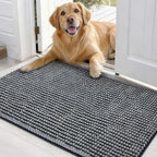Close up view of the high low pile chenille fibers on the grey pet mat.