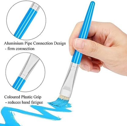 Toddler paint brushes with thick easy grip handles in ten different bright colors
