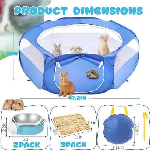 Small Animal Playpen & Grooming Kit, Portable Foldable Pet Playpen with Mesh Top for Rabbits, Guinea Pigs, Hamsters, Hedgehogs, Includes Feeding Bowls, Grooming Tools, and Bedding Mat, Blue - Image 3