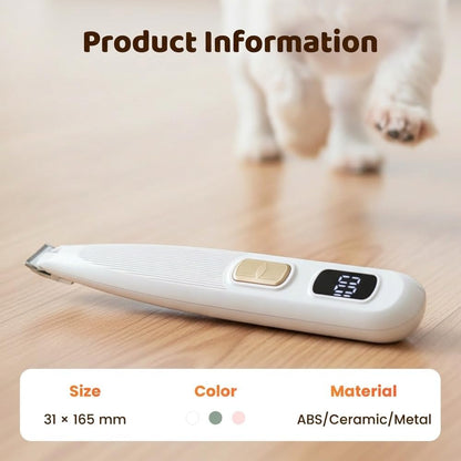 Compact electric dog feet clipper being used safely around delicate paw pads.