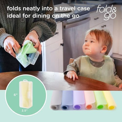 Waterproof toddler feeding mat with raised edges showing spill protection