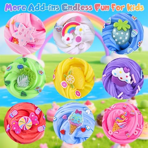 Individual sixty milliliter slime containers with rainbow and strawberry add ins