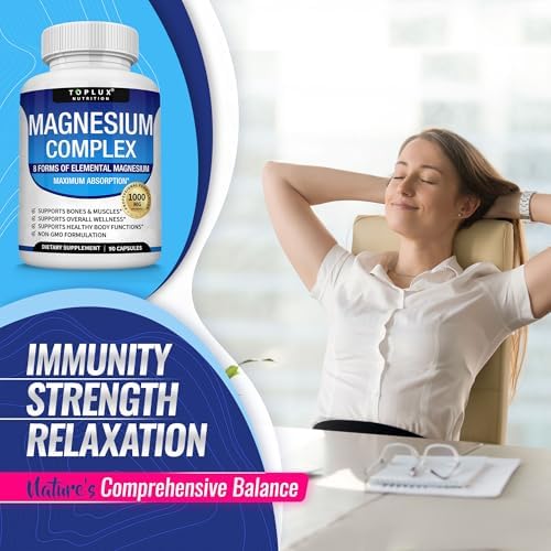 Toplux Magnesium 8 in 1 blend supplement bottle standing upright showing protective top seal