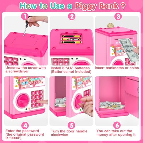 LJZJ pink electronic coin bank showing top drop slot for change and secure handle