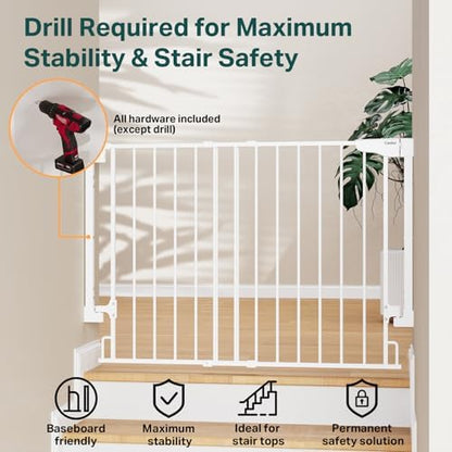 Cumbor carbon steel pet gate preventing a small dog from accessing the hallway.