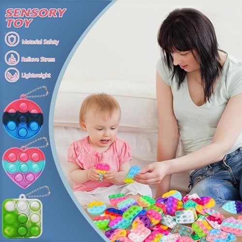 SINFOX bulk sensory toys collection spread out displaying the variety of bright colors and included metal attachment chains