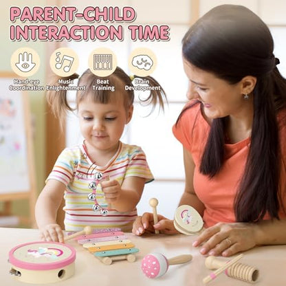 Lehoo Castle pink unicorn theme percussion items demonstrating safe rounded edges for toddlers.