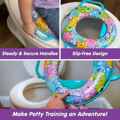Care Bears toddler potty seat stored neatly on a bathroom wall using the included storage hook.