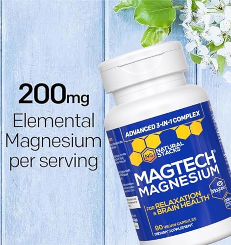 Natural Stacks MagTech magnesium 90 capsules side label featuring open source transparency certification.