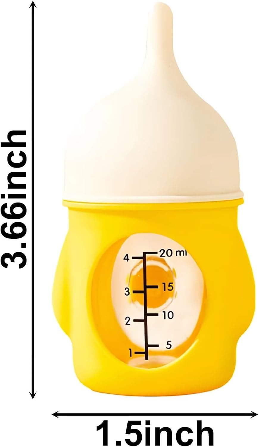 Side angle of twenty milliliter kitten feeding bottle with measurement markings