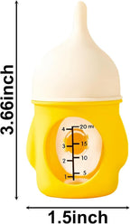 Side angle of twenty milliliter kitten feeding bottle with measurement markings