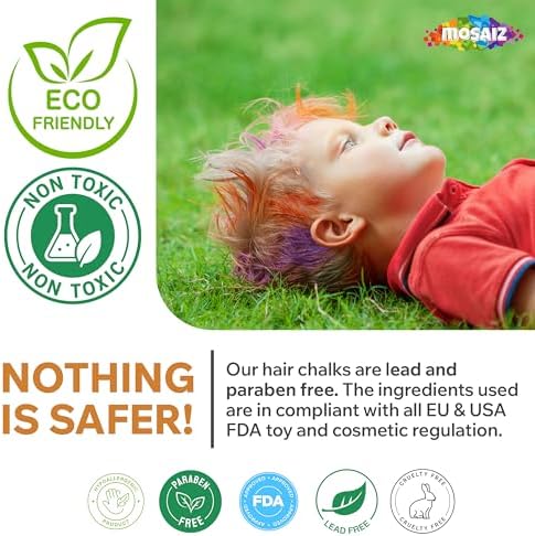 Back of Mosaiz hair chalk packaging detailing safety features