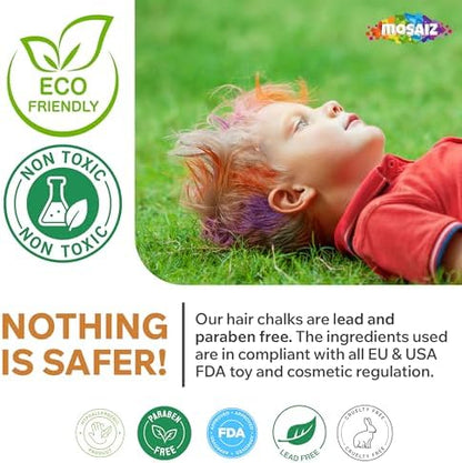 Back of Mosaiz hair chalk packaging detailing safety features
