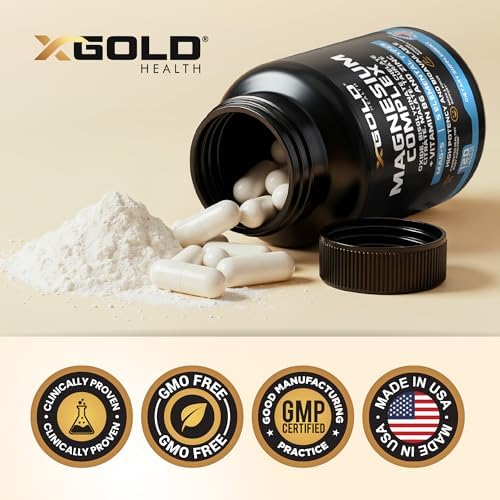 Close up of X Gold Health Magnesium Complex 500mg packaging for muscle recovery and energy.