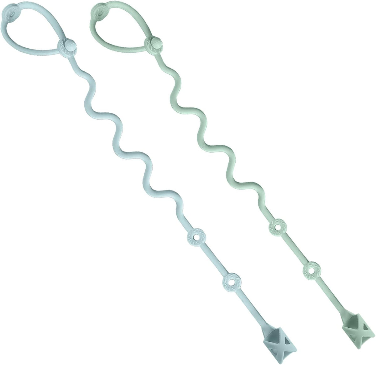Gelinor baby spoons holder strap front view in green and blue colors attached to a highchair tray.