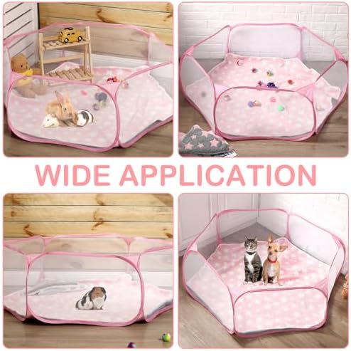 VitalCozy Hamster Playpen with Mat Small Animal Cage Tent Breathable Transparent Guinea Pig Playpen Waterproof Portable Yard Fence Mat Foldable Exercise Playpen Outdoor Indoor (Pink,Star) - Image 5