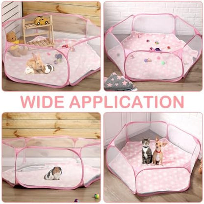 VitalCozy Hamster Playpen with Mat Small Animal Cage Tent Breathable Transparent Guinea Pig Playpen Waterproof Portable Yard Fence Mat Foldable Exercise Playpen Outdoor Indoor (Pink,Star) - Image 5