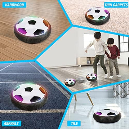 Brightly lit flashing LED lights on the floating soccer disk inside a dark room