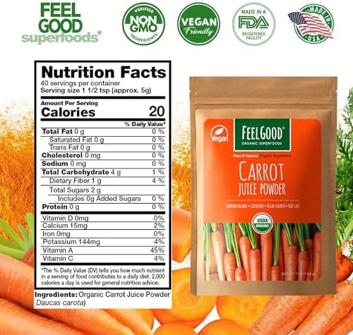 Vibrant orange organic carrot powder showing fine texture for easy mixing into drinks and smoothies.