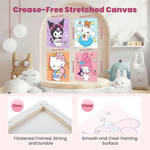 Sretoul kids DIY acrylic painting set displaying pre-printed numbered canvas boards and colorful paint pots.