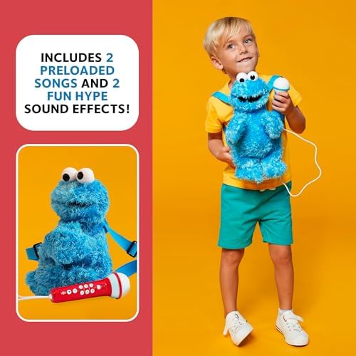 Singing Machine kids karaoke plush toy with the real working wired microphone resting in its side holder.