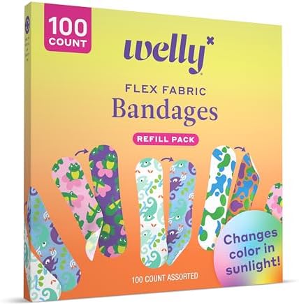 Close up view of the latex free chameleon design bandages from the Welly refill kit