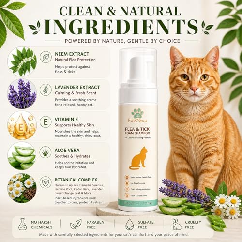 Back label of Fav Paws cat flea and tick waterless shampoo detailing application instructions