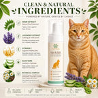 Back label of Fav Paws cat flea and tick waterless shampoo detailing application instructions