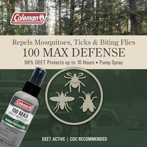 Back label of Coleman one hundred max bug spray listing instructions and ingredients