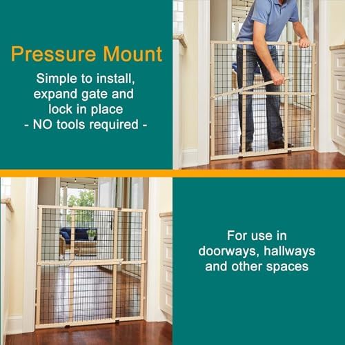 MYPET extra tall wooden pet barrier showcasing the pressure mounted locking bar mechanism