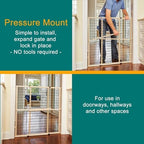 MYPET extra tall wooden pet barrier showcasing the pressure mounted locking bar mechanism