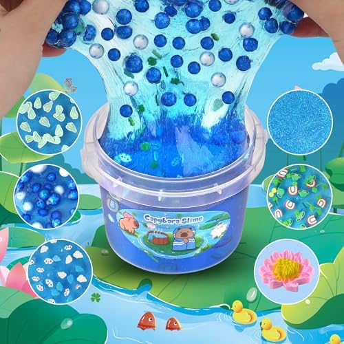 Joytry Capybara Slime Kit contents displayed including the colorful modeling clay packs and miniature capybara character charms