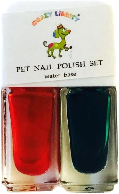 Crazy Liberty Pet Nail Polish Set front view showing red and green bottles for pet safe grooming.