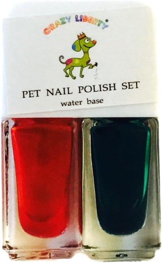 Crazy Liberty Pet Nail Polish Set front view showing red and green bottles for pet safe grooming.