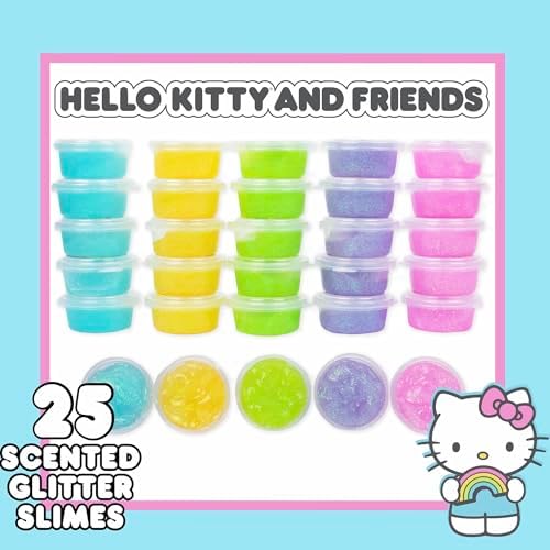 Sanrio character themed mini slime containers with glitter and custom labels